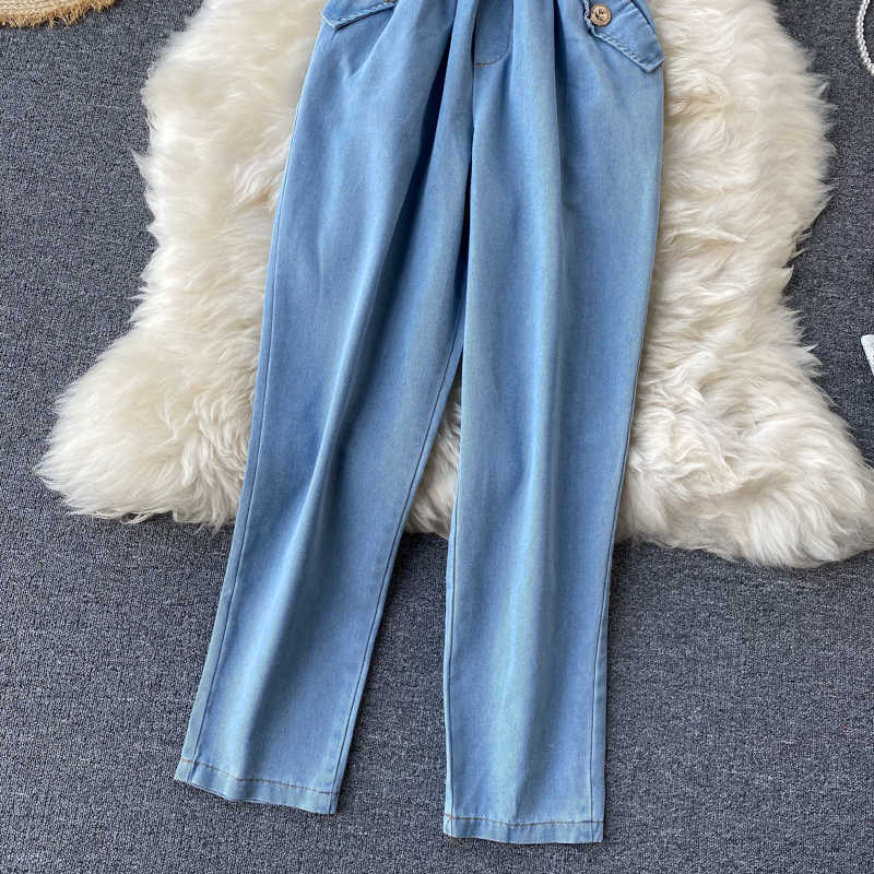 Women Vintage Jeans Female Elastic Waist Thin Fashion Short Bat Sleeved Jumpsuits for Women's Summer Overalls M145 210527