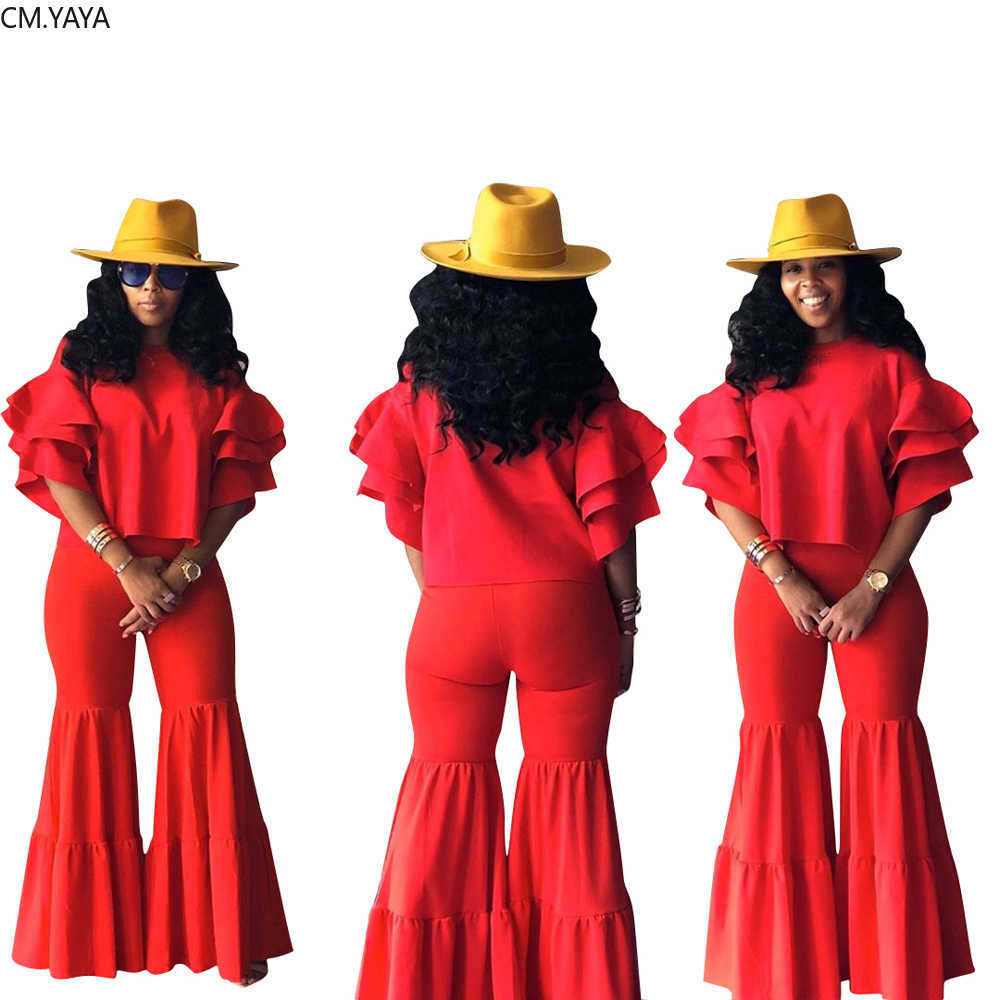 Autumn Winter 2-Piece Tracksuit Set: O-Neck Petal Sleeve Top And Flare Pants, Solid Color Nightclub Outfits For Women, Ls6326 210727