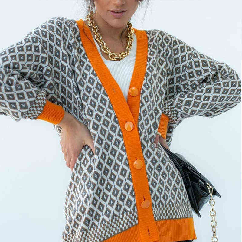 Women V Neck Knitted Cardigans Sweater Pink Houndstooth Knit Cardigan Long Sleeve Fashion Autumn Oversized Jumper 211109