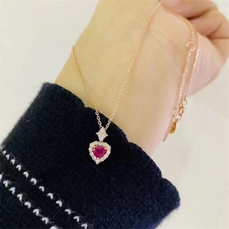 Ins Top Sell Sparkling Brand Jewelry Sterling Sier&Gold Fill Heart Pendant Ruby CZ Dia Gemstones Party Women Wedding Clavicle Necklace Gift