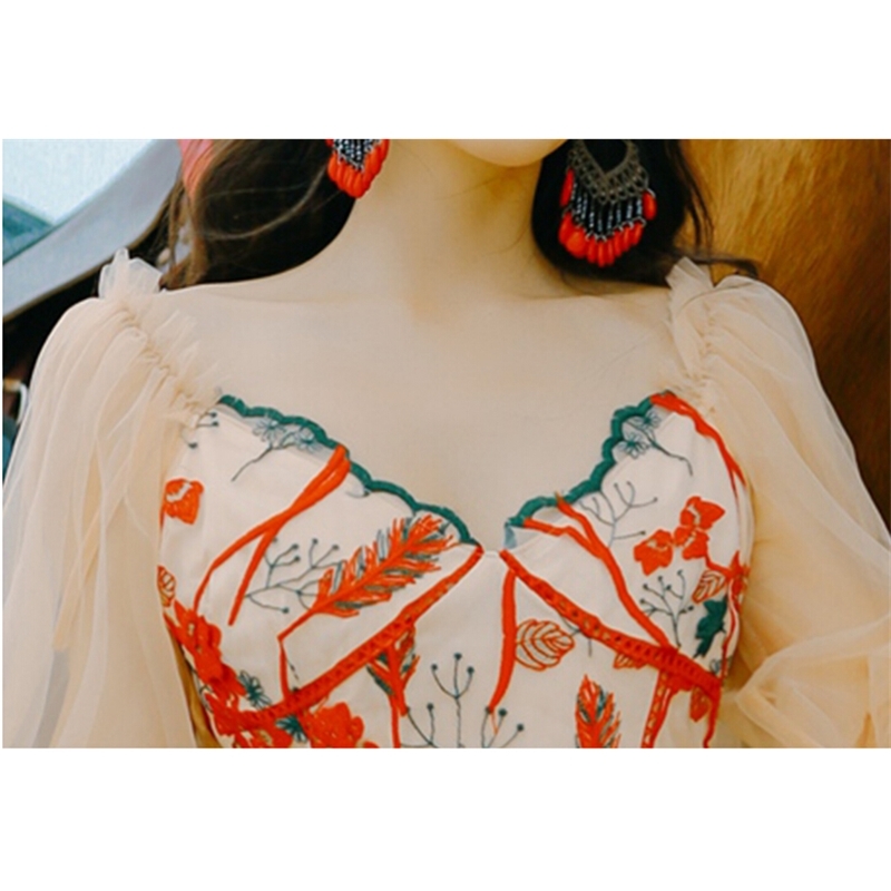 Women's Bohemian Holiday Summer Vintage Party Dress Full Sleeve Mesh Embroidered Flowers Pleated Long 210520
