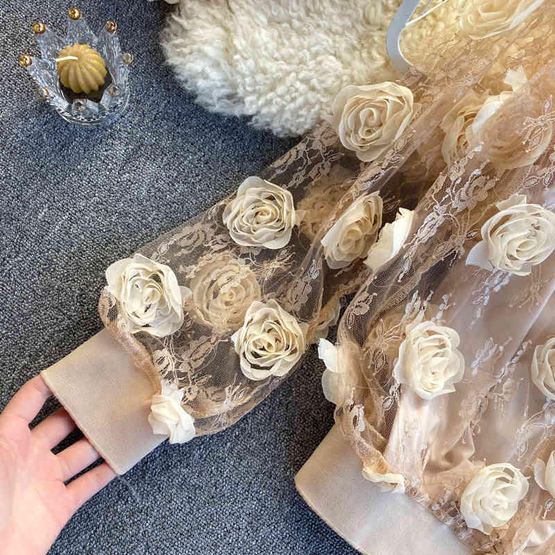 Nomikuma Korean 3D Floral Blouse Sets Perspective Mesh Sweet Puff Sleeve O-neck Lace Shirt + Basic Sling Vest Women Suits 6E027 210427