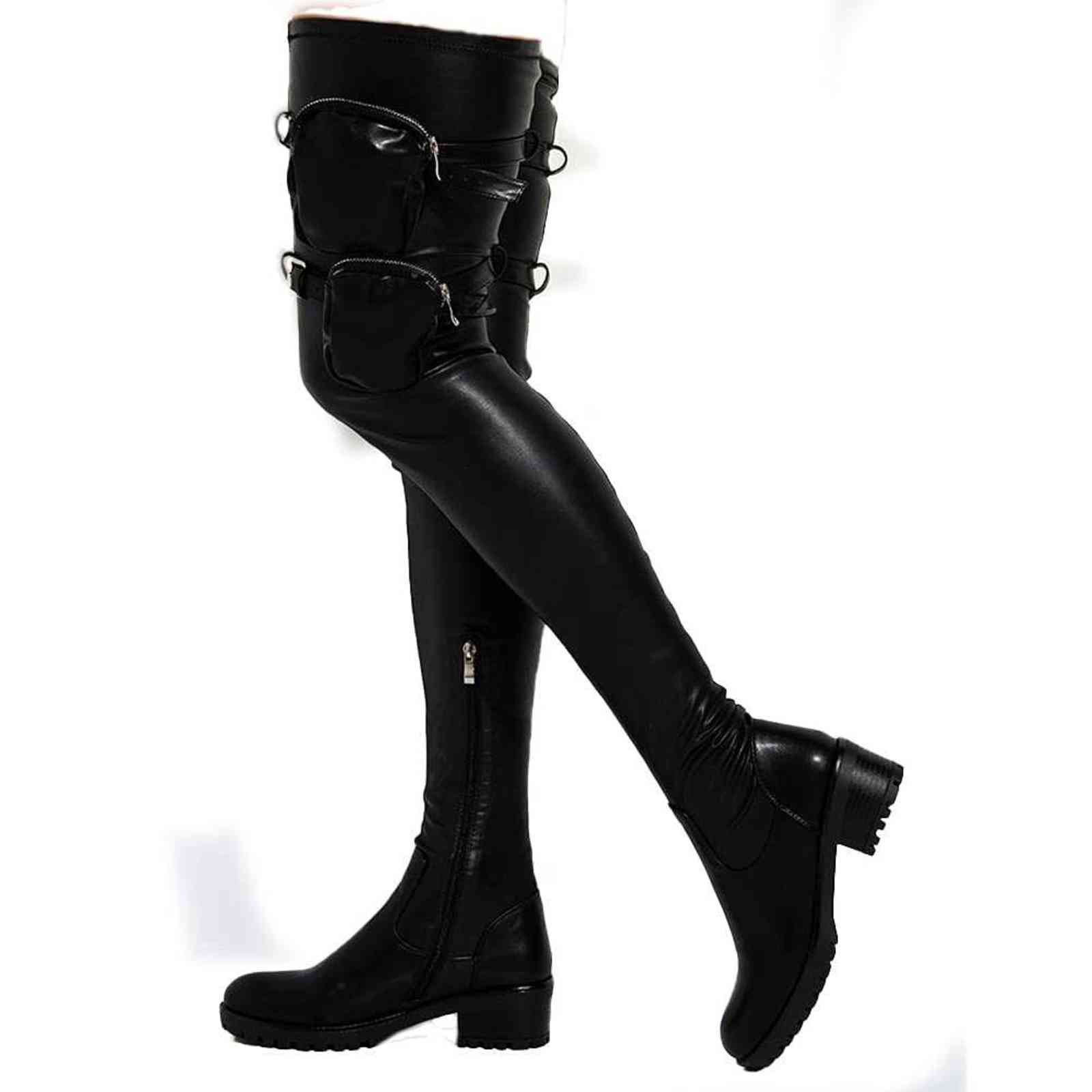 New Brand Design Platform Pocket Bags Thigh High Boots Women Zipper Casual Sexy Fashion Top Quality Over The Knee Boots Woman H1116