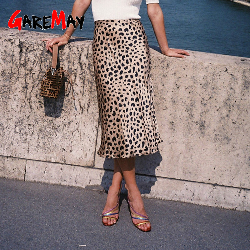 Women's Leopard Silk Satin Skirt Vintage Sexy Slim Wild Long High Waist Midi For Women A-Line Elegant s Summer 210428