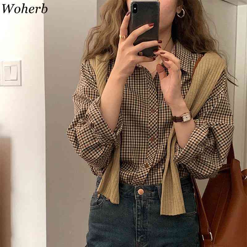 Woman Blouses Spring Summer Vintage Plaid Shirt Japanese Style Long Sleeves All Match Casual Blusas Korean Chic 210519