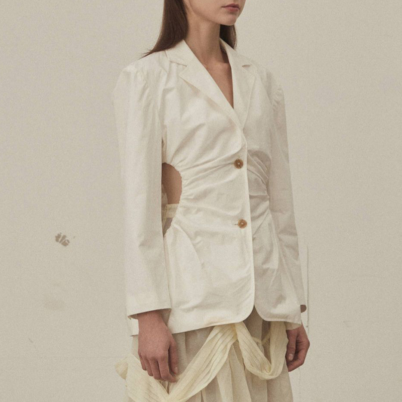 VGH Casual White Tunic Blazer For Women Notched Long Sleeve Hollow Out Minimalist Blazers Female Fashion New Clothing Tide 210421