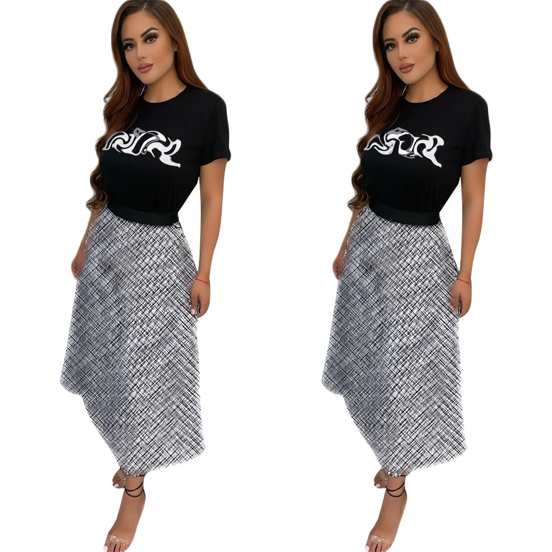 Women Summer Clothes Letter Pattern Casual Designer Dress Set Trending Fashion T Shirt Long Skirt Women's Sets, J2488-dd