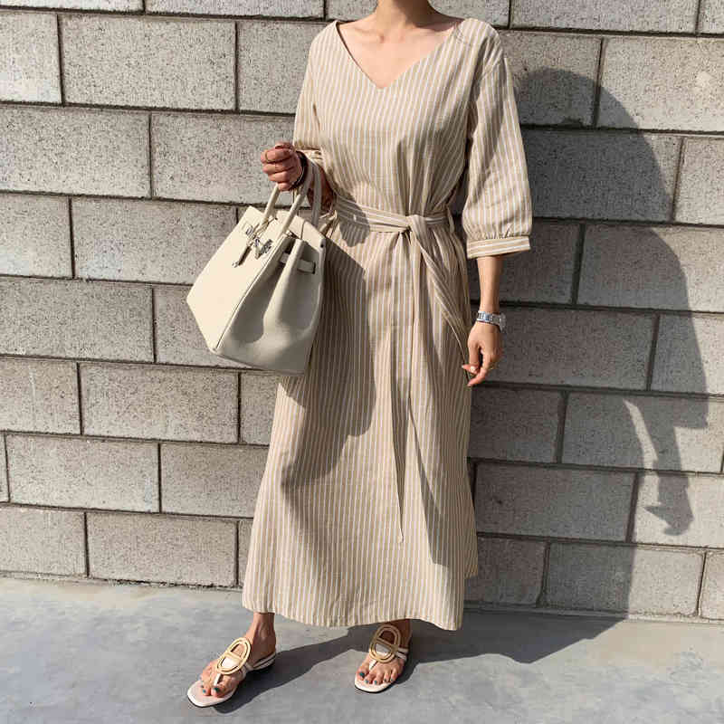 Summer Women Dress Loose Vintage V-neck Half Sleeve for Striped Cotton and Linen Long Vestidos 9679 210508