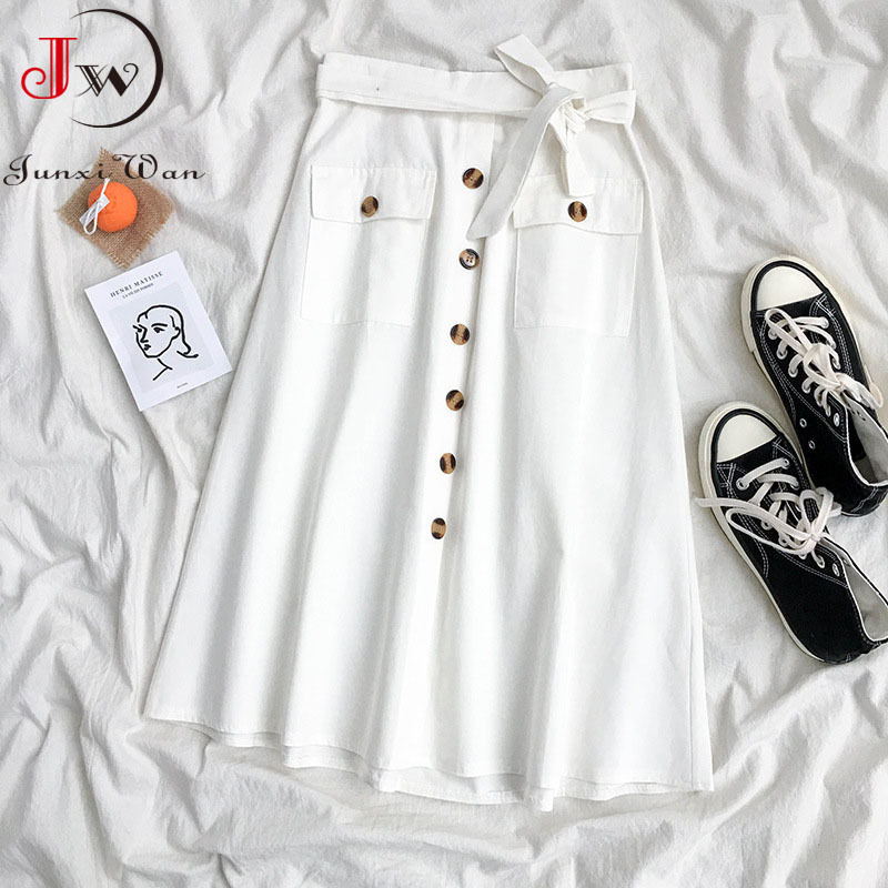 Women Elegant High Waist Midi Skirt Spring And Summer Casual Single-Breasted Solid Black White Bowknot Belt Office A-Line 210510