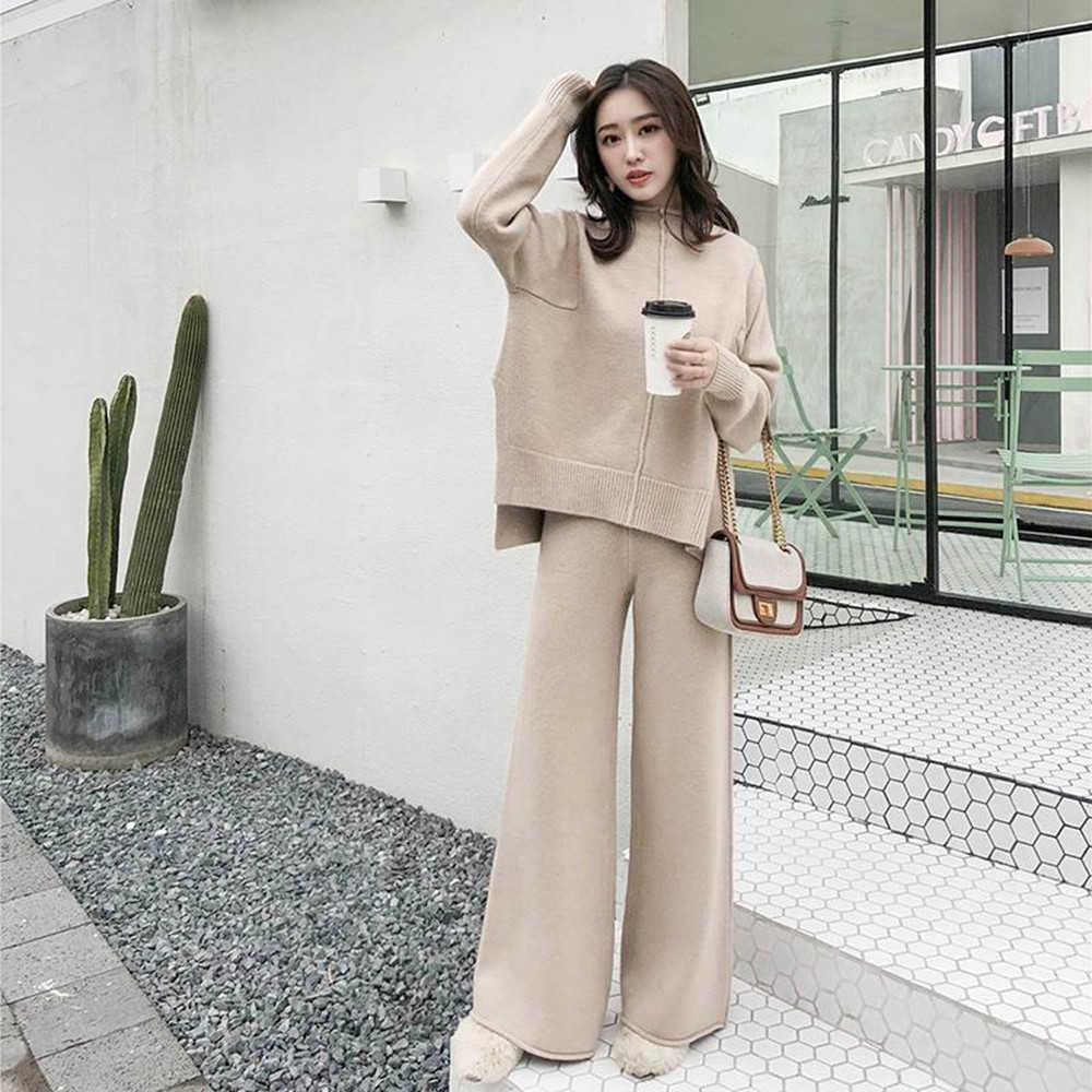 Autumn Winter Thick Knitted Two Pieces Set Women Warm Half Turtleneck Pullover Sweater+Wide Leg Pants Sweater Suit 210930