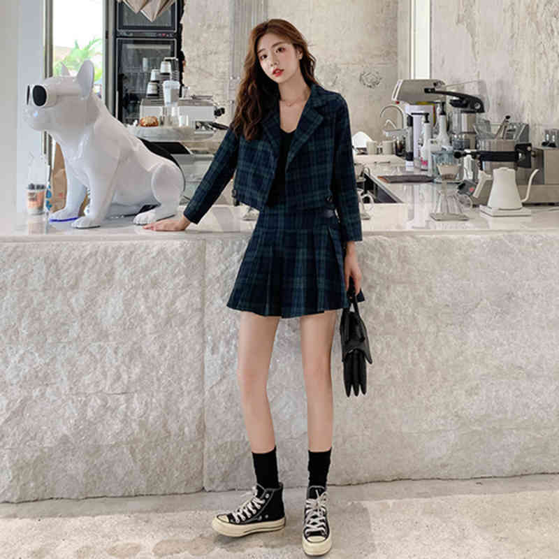 Arrival Autumn England Style Women Long Sleeve Plaid Jacket Blazer+high Waist Pleated Mini Skirt Two Piece Set Suits D534 210512