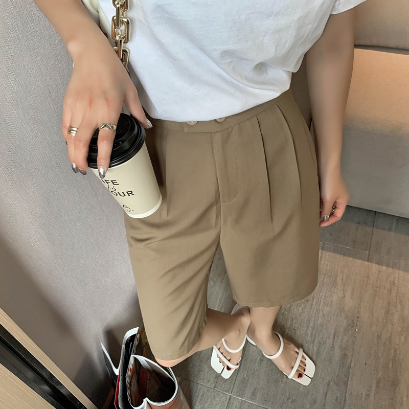 summer loose casual straight outer wear high-waisted Hong Kong-style suit five points thinner wide-leg shorts women 210429