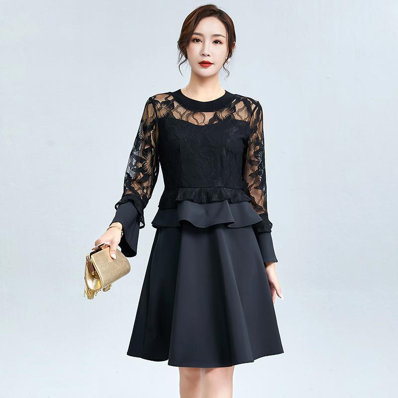 Women Print Dress Autumn O-neck Long Sleeve Fashion Lace Patchwork Plus Size Office Elegant Ladies Dresses Casual Midi
