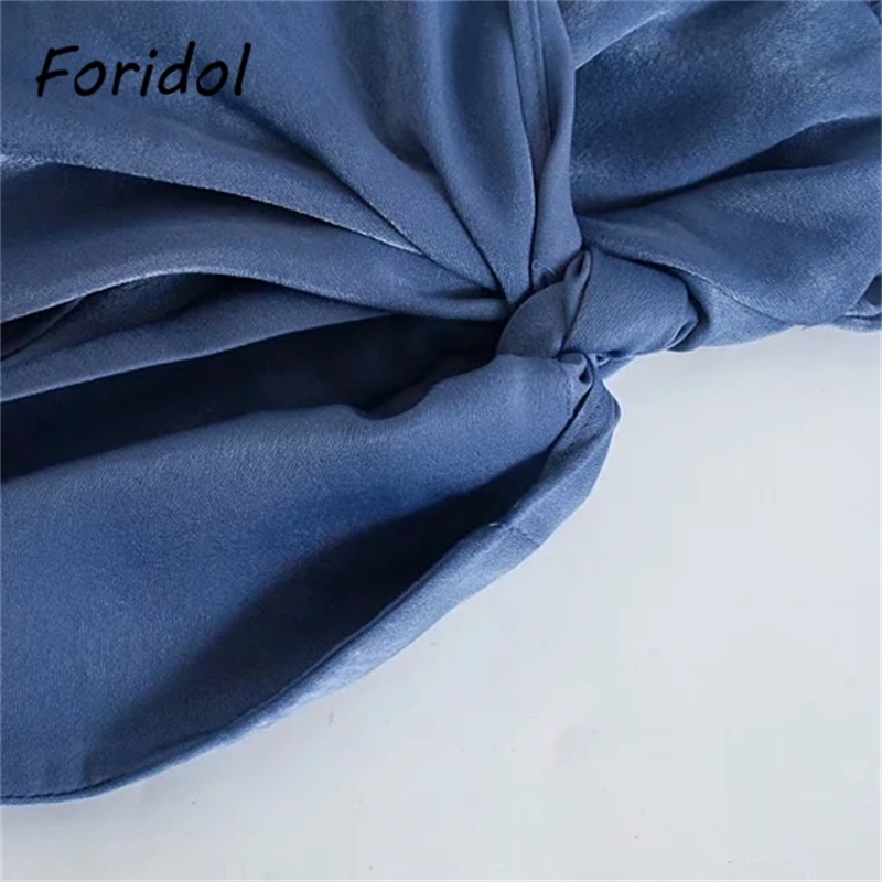 Foridol Bowknot Long Sleeve Satin Dress for Women Spring Autumn Button Up Shirt Silk Dress Casual Blue Ladies Short Blue Dress 210415