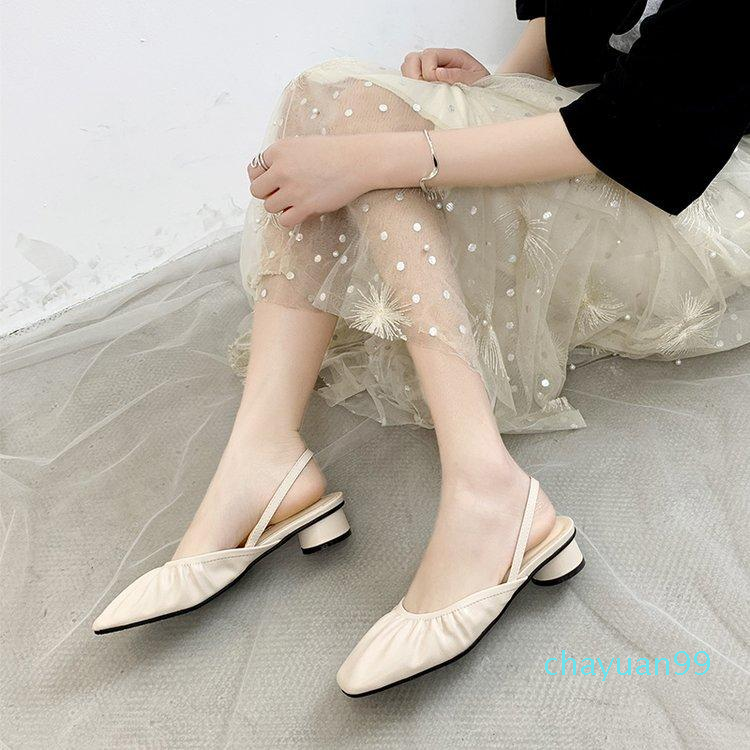 Sandals Woman Leather 2021 Summer Shoes Closed Toe Low-heeled Fashion Girls Square Rubber Scandals Slides Rome Hoof Heel