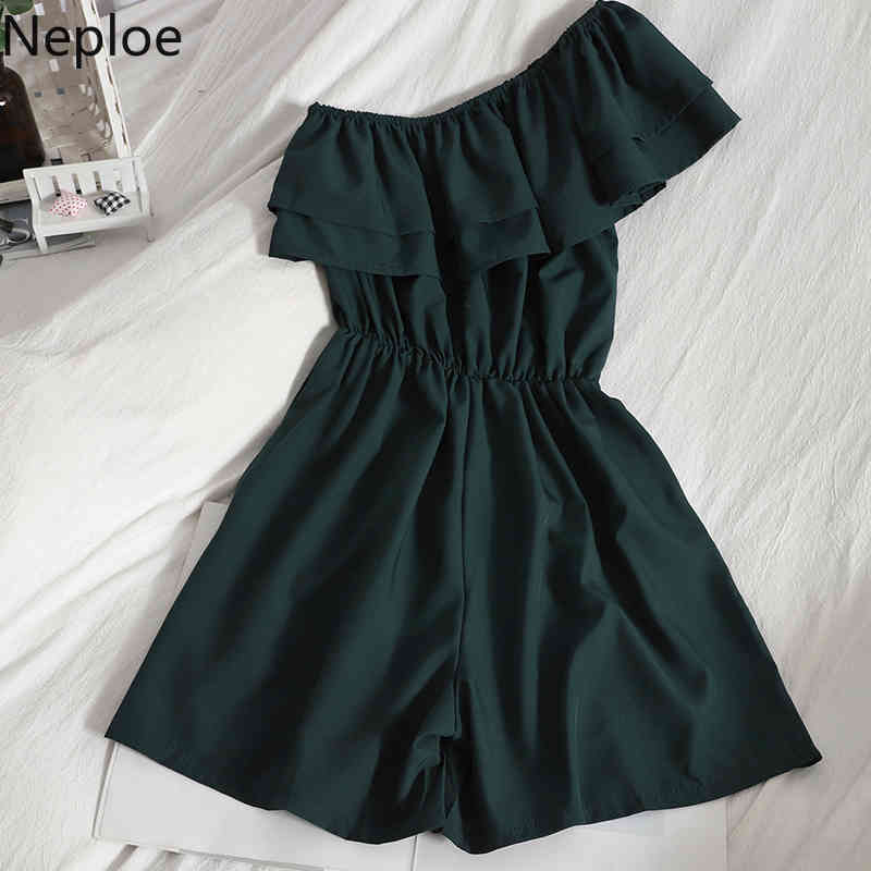 Neploe Jumpsuit Women Korean Off Shoulder High Waist Thin Ruffle Fashion Romper Summer All-match Wide-leg Shorts Bodysuit Female 210422
