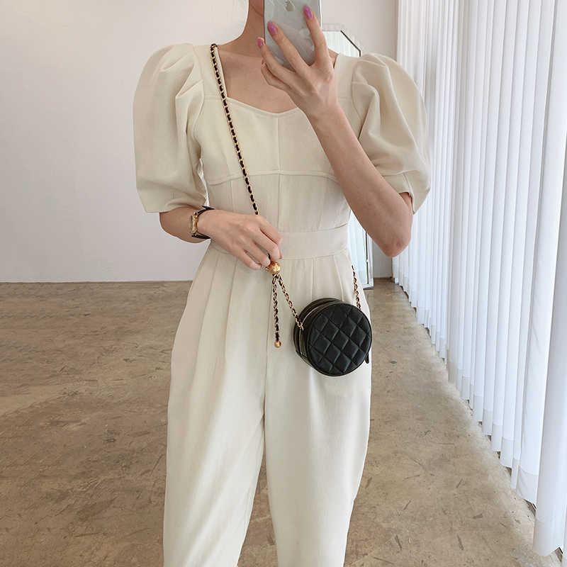 Korejpaa Women Jumpsuits Summer Korean Chic Ladies Temperament Square Collar High Waist Solid Color Puff Sleeve Trousers 210526