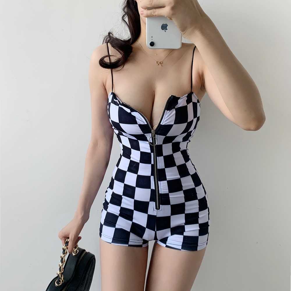 WOMENGAGA Super Sexy China Girl Female Shoulder Strap Tank Plaid Zipper Playsuits Korea Romper Summer SODT 210603