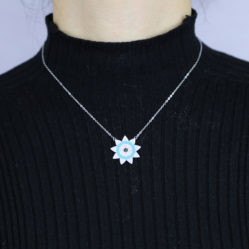 Promotion Silver Color pendant Micro Pave White Blue Nano Turquoises Stone High Quality Sun Pendant Necklace
