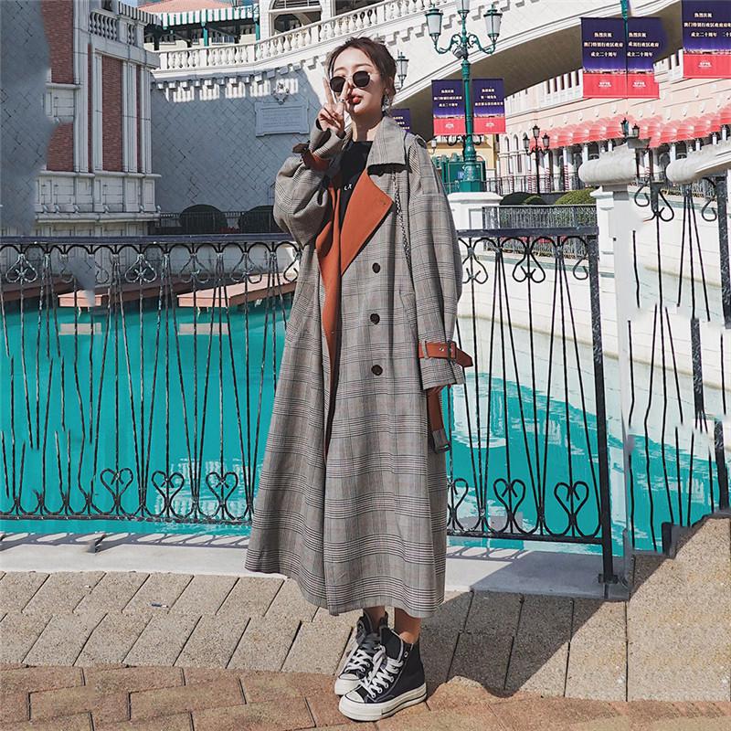 Spring Autumn Korean Retro Long Plaid Trench Coat Women Clothing Large Size Sleeve Windbreaker Overcoats M220 Women's Coats