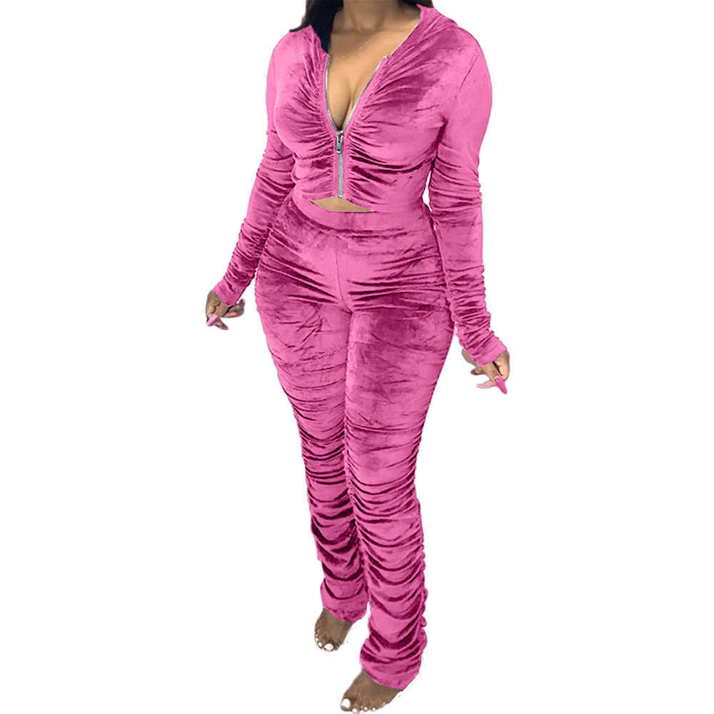 Selling Pleated Two Piece Suit Women's Long Sleeve Zipper Hooded Top+Elastic High Waist Pants Autumn Winter Casual Set 210604