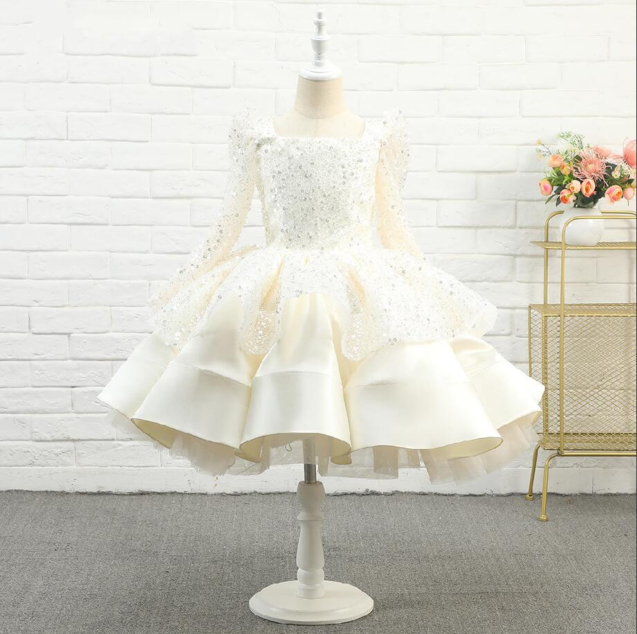 New shiny tulle flower girl dress long sleeve prom party pageant birthday gown