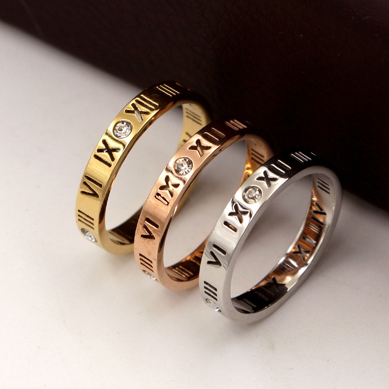 Fashion Jewelry Elegant Temperament of Hollow Out Lucky Roman Numerals Rose Gold Plating Titanium Steel Ring Q0708