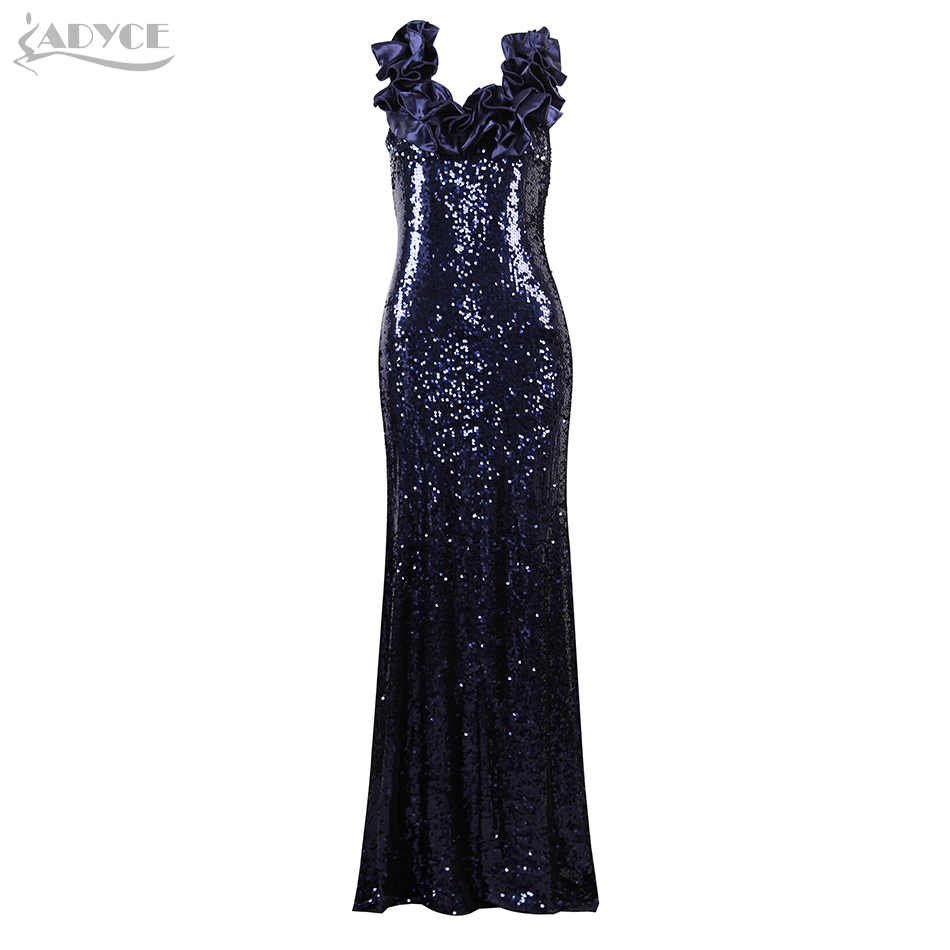 Summer Women Fashion Blue Ruffles V Neck Sequins Maxi Dress Sexy Sleeveless Floor Length Evening Club Party 210423
