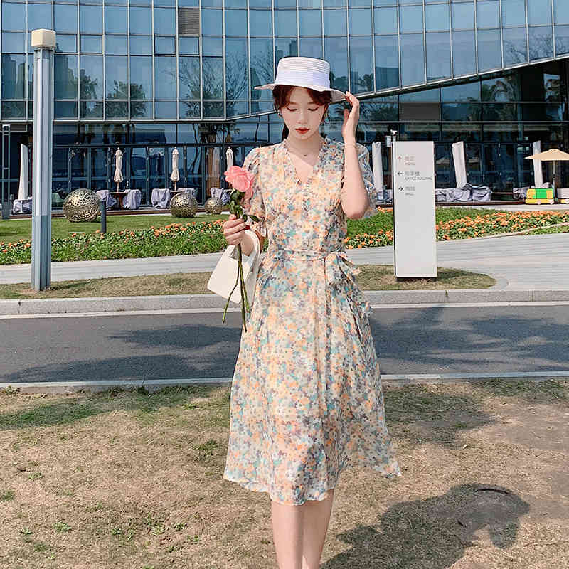 Prairie Style A-Line Chiffon Dresses For Women Oil Paint Floral Prints Dress Summer V-neck Short Sleeves Dress Vestidos 210515