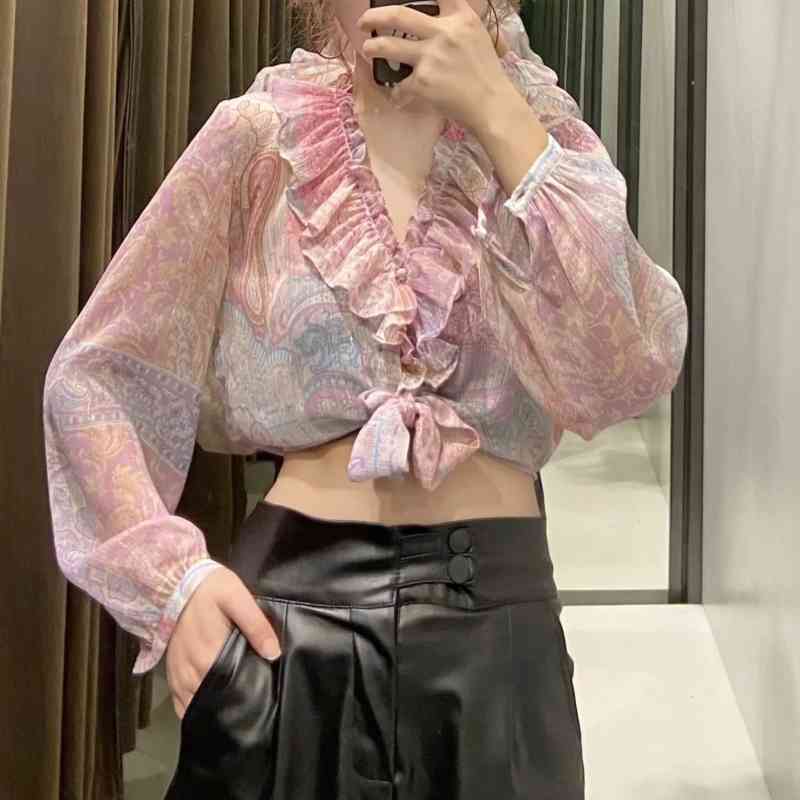 Summer Women Paisley Print V Neck Cascading Ruffle Short Shirt Female Nine Quarter Sleeve Blouse Lady Crop Tops Blusas S8902 210430