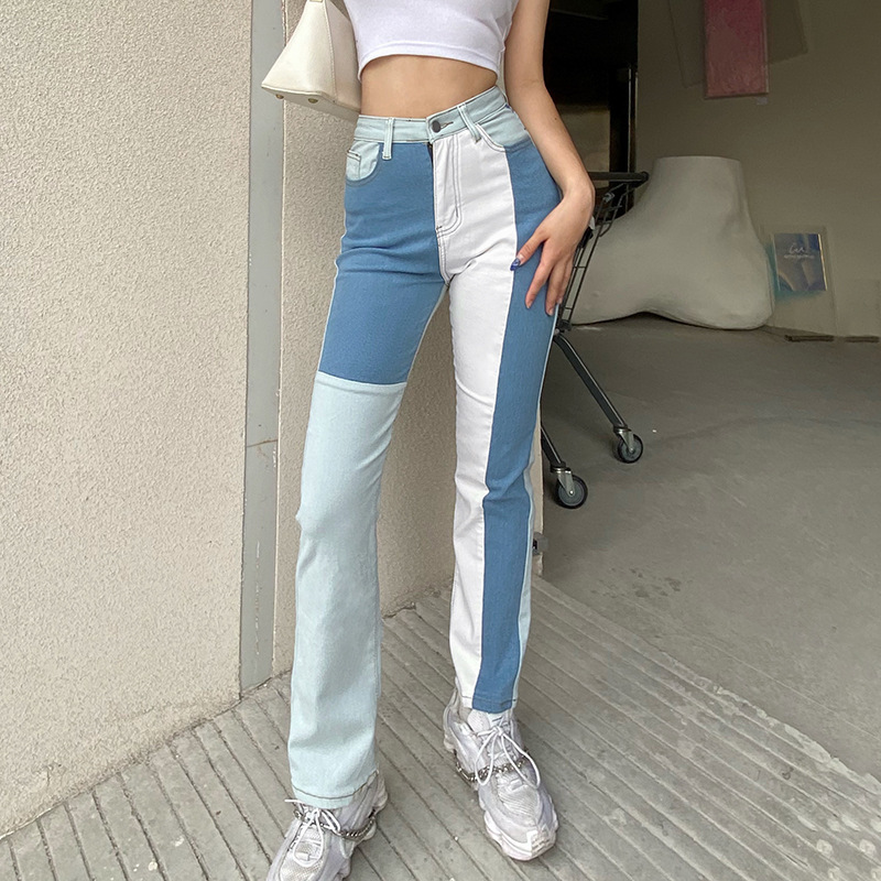 women Jeans Fashion Women patchwork denim pants High waist striaght long female trousers 210524