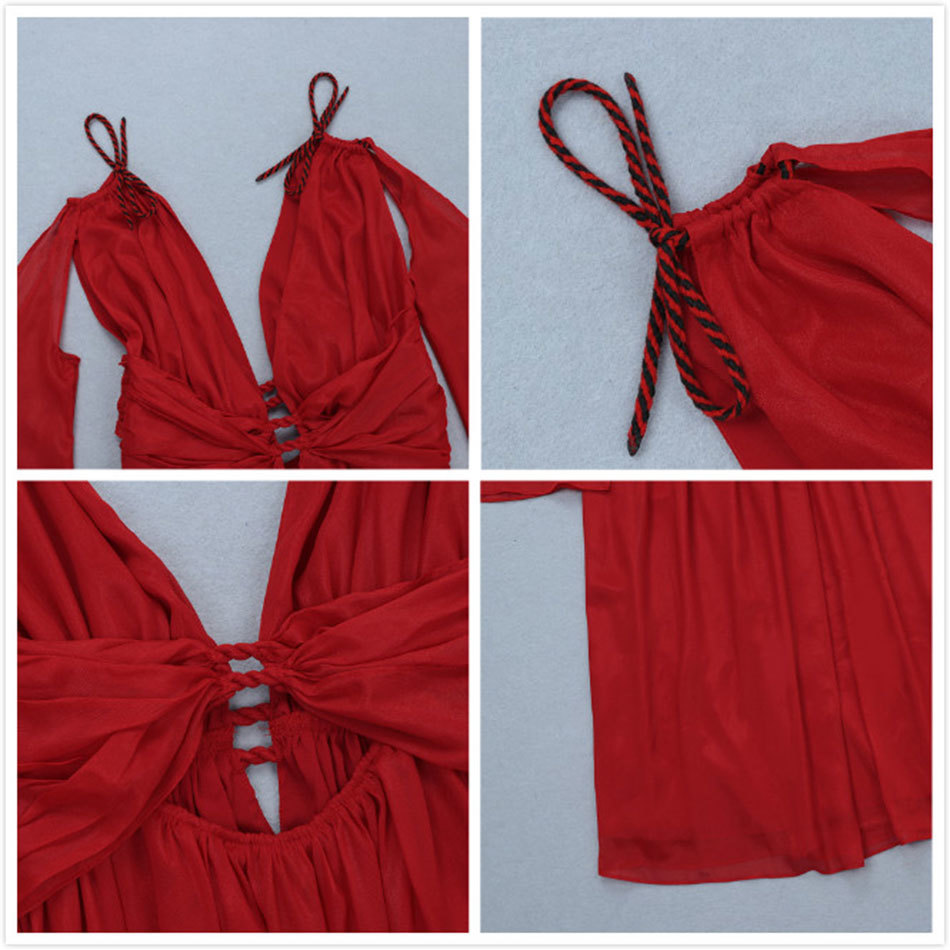 Free Autumn Women's Mesh Dress Red Long Sexy V-neck Sleeve Halter High Waist Party Dresses Vestidos 210524