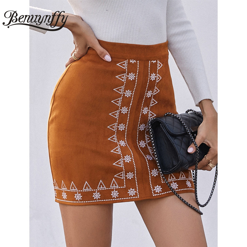 Side Zipper Embroidery Suede Skirt Women Spring Fall Streetwear Vintage High Waist Bodycon A-Line Mini Skirts 210510