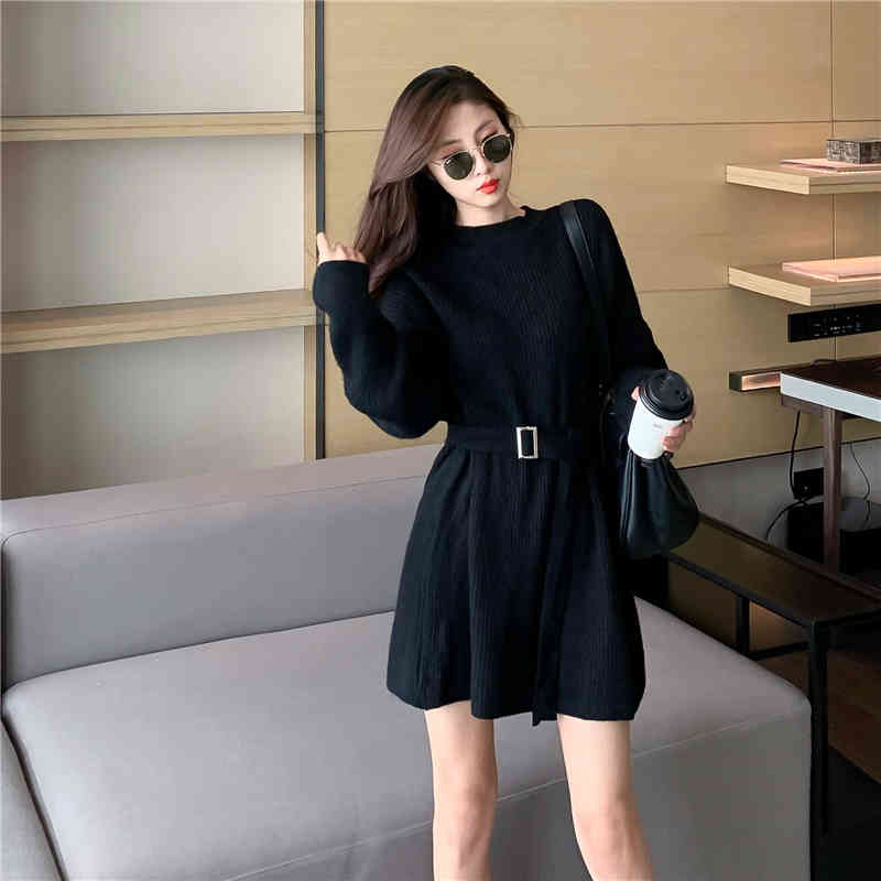 Sweater Dress Women Solid Casual Long Sleeve Slim A-line Mini Office Knitted Dress Female Dress Korean Autumn 210521