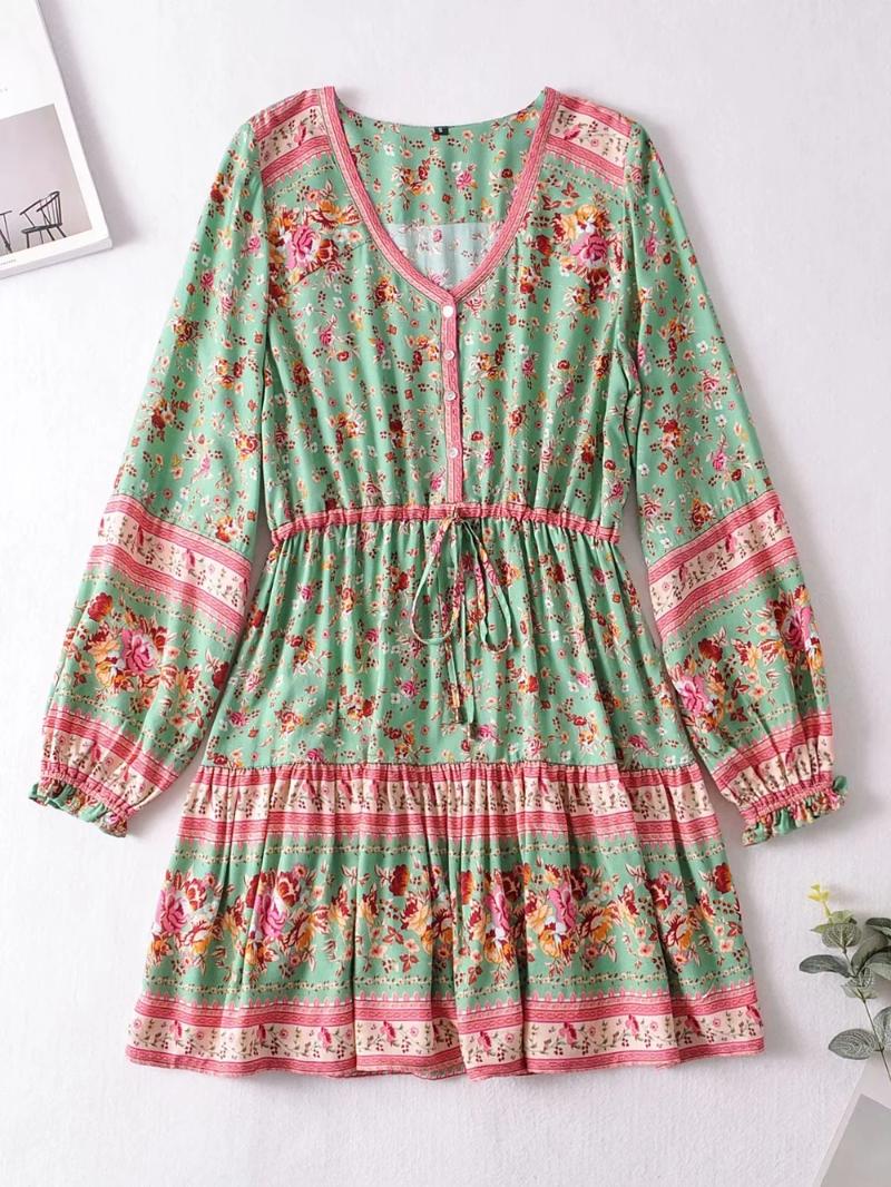 GypsyLady Boho Floral Print Mini Dress Holiday Vintage Dresses Women Autumn Button Front Chic Ladies Spring Casual