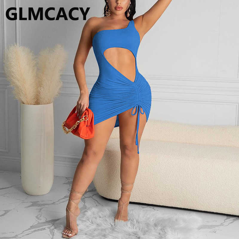 Women One Shoulder Pleated Hollow Out Asymmetrical Hem Sexy Dress 210702