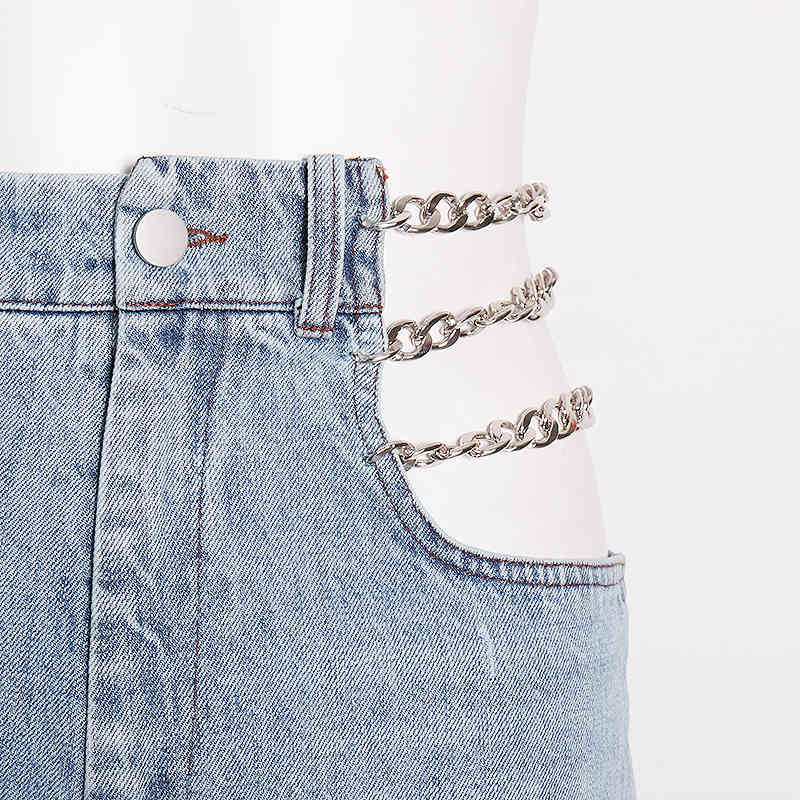 Casual Hollow Out Full Length Jeans Female High Waist Patchwork Chain Denim Wide Leg Pant Women Fashion Clothes 210521