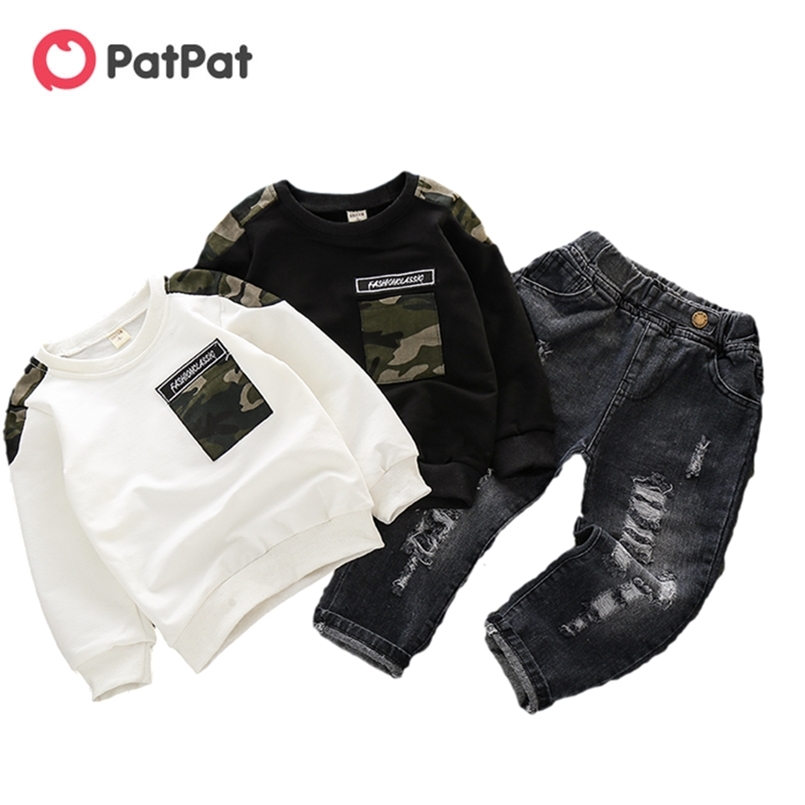 Arrival Spring and Autumn 2-piece Baby Toddler Boy Camouflage Patchwork Long-sleeve Pullover Denim Pants Set 210528