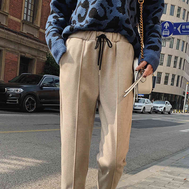 Thick Warm Casual Woolen Elastic Waist Women Pants Autumn and Winter Loose Korean Female Long Trousers 7281 50 210417