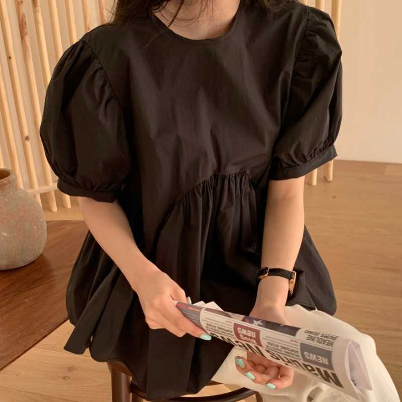 Korean Chic Bow Tie Backless Blouse Causal Puff Sleeve O-neck Doll Shirt Summer Ruffle Patchwork Blusas 6J475 210603