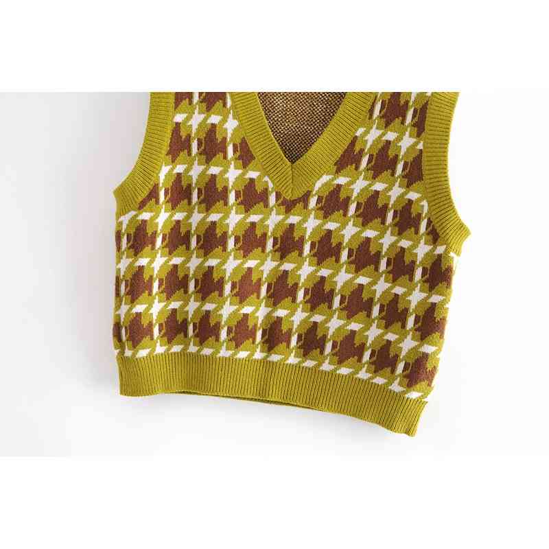 Preppy Style Check Plaid Knitted Sweater Vest Women 90s Vintage Korean Clothing V Neck Tank Top Y2K Knitwear Sleeveless 210429