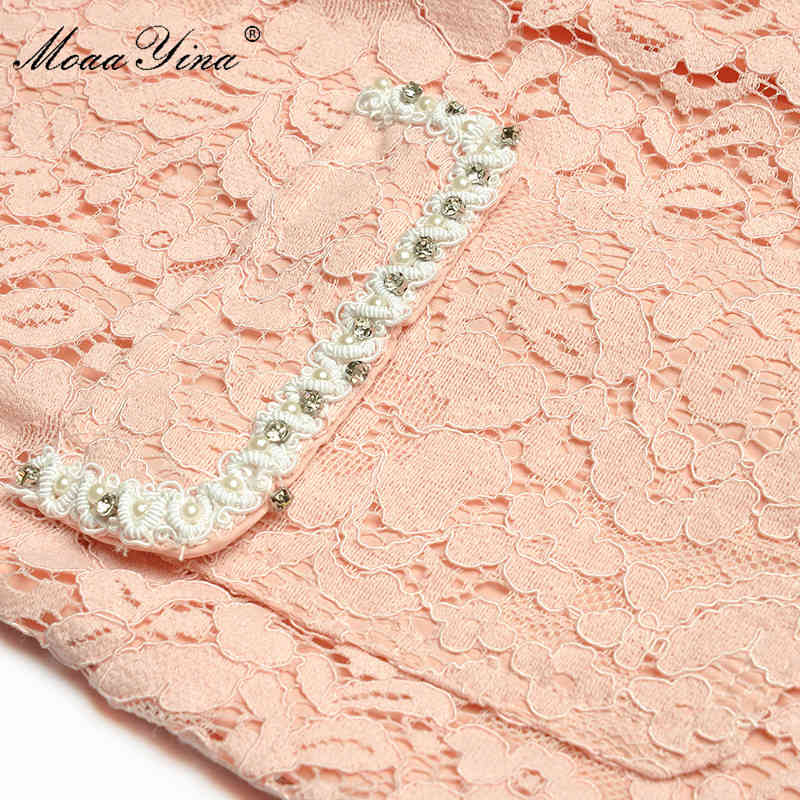 Fashion Runway dress Summer Women's Dress Crystal Diamond Bow Short sleeve Hollow Out Lace Slim Elegant Dresses 210524