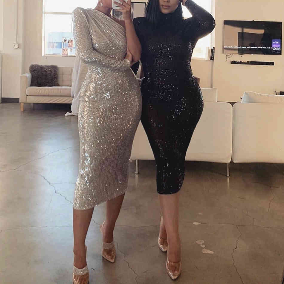 Summer Women Fashion One Shoulder Dress Sexy Long Sleeve Sequins Black Club Celebrity Runway Party Vestidos 210423
