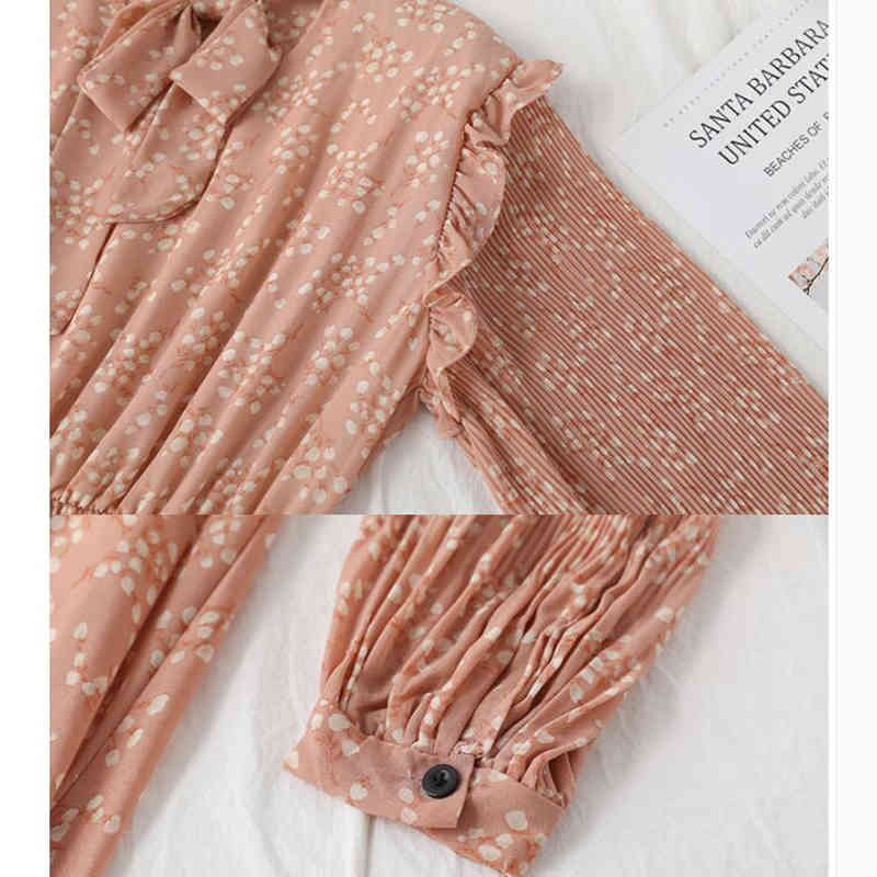 Autumn Elegant Women Chiffon Midi Dress Vintage Bow Floral Print Long Sleeve Dress Elastic Waist Office Lady Casual Dresses 210521