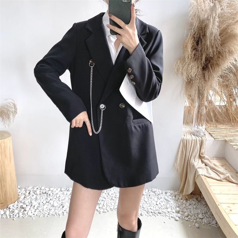 OL Notched Vintage Solid Double Breasted Blazer Coat Autumn Formal Chain Decoration Women Blazers Suit Jacket 210421