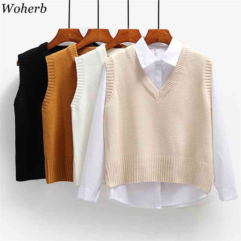 Sweater Vest Women Korean Fashion Knitted Pullovers Tops Preppy Style Short Loose Knitwear Tank Coat Female 210519