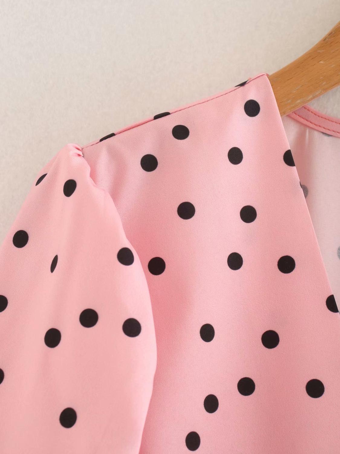 Retro V-neck Slimming Pleated Pink Dot Short Sleeve Chic Female Shirt Harajuku Sweet Navel Casual Holiday Party Women's Tops 210507