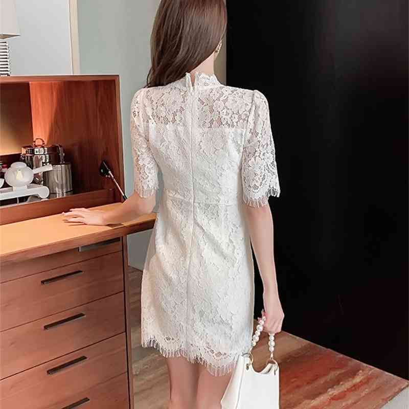 Summer White Dress Vintage Women Diamonds Single Breasted Embroidery Short Sleeve Office OL Bodycon Mini 210519