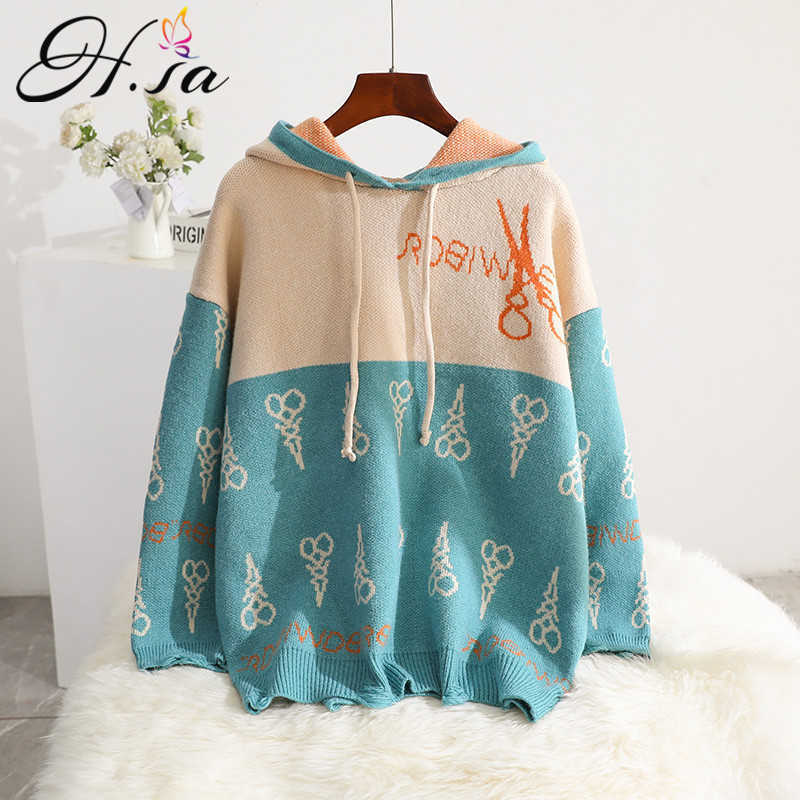 H.SA Women Hooded Sweater and Jumpers Loose Style Oversized Chic Jumpers Pull Femme Hiver Patchwork Winter Clothes Female 210716