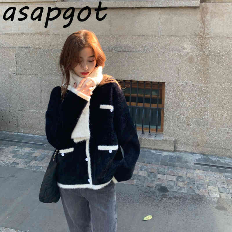 Loose Retro Gentle O Neck Long Sleeve Single Breasted Sweaters Jumpers Black Contrast Color Cardigan Knitted Jacket Women Pink 210429